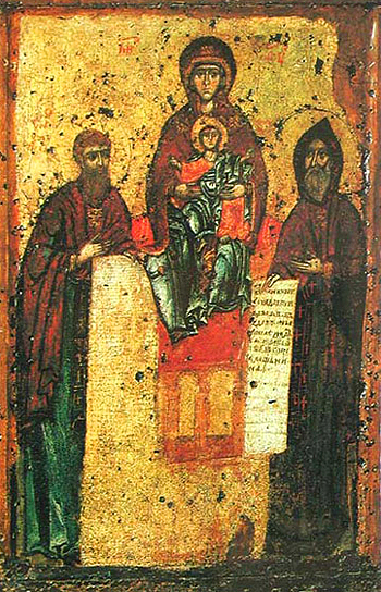 Икона Богоматерь Печерская (Свенская) с предстоящими Феодосием и Антонием